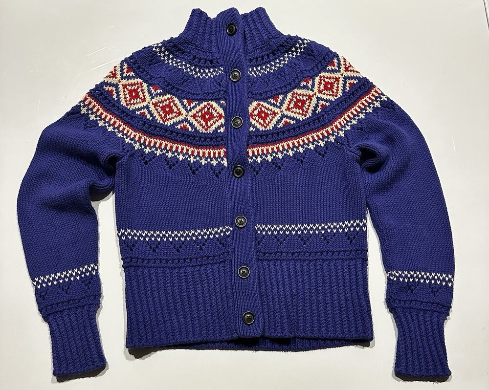 L.L. Bean Womens Sz XSmall Cotton Cardigan Sweater Purple White Nordic Fair Isle